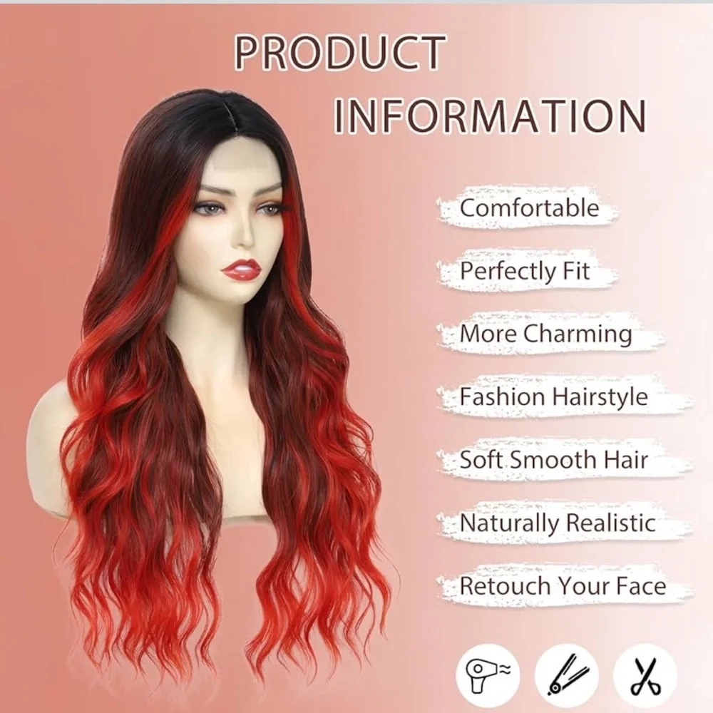 Long Red Wavy Wig 26 Inch Ombre Red Middle Part Curly Synthetic Hair Wig